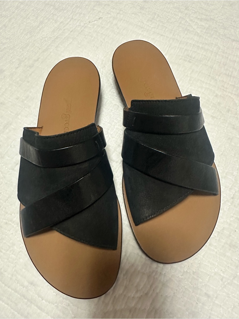 Paul Green Black Leather Crisscross Slide Sandals